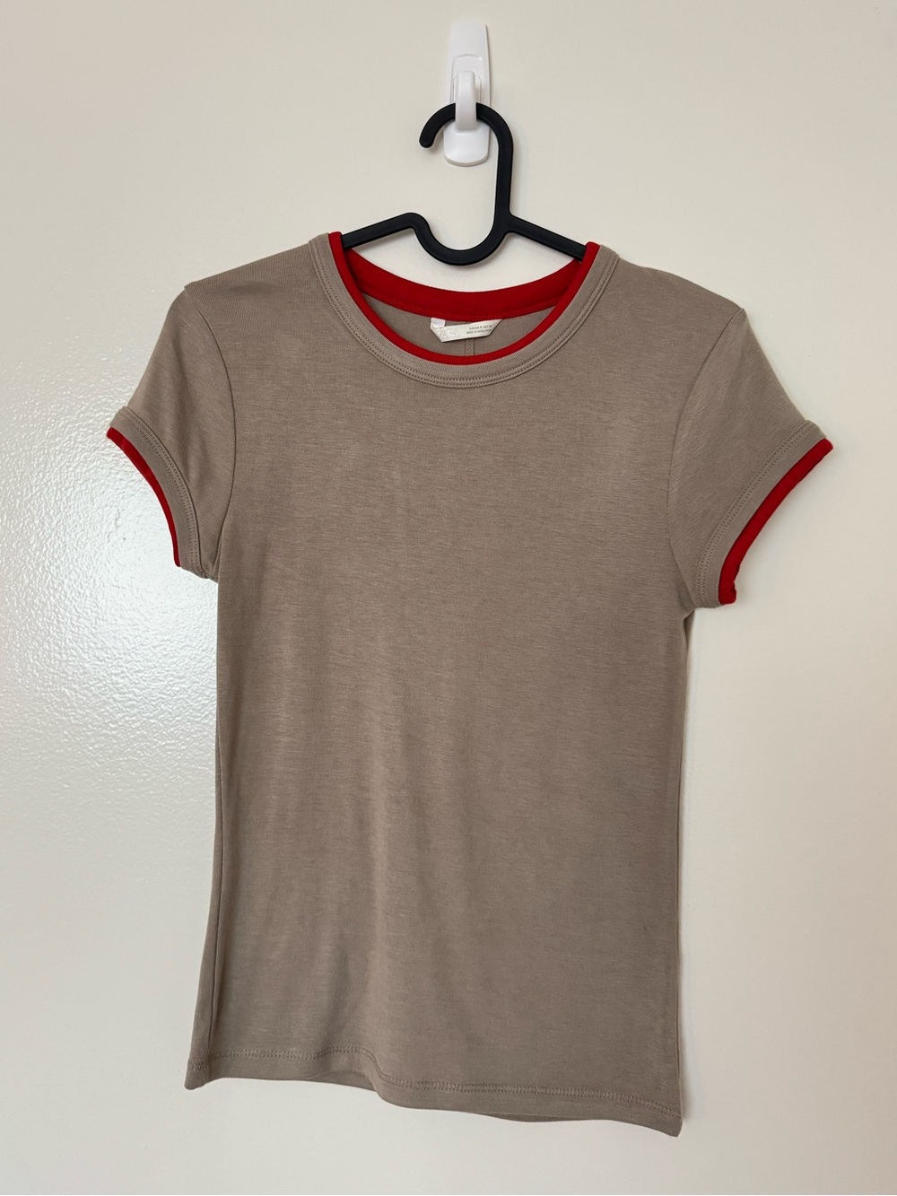 Zara Taupe Tee with Red Trim - Women's Top